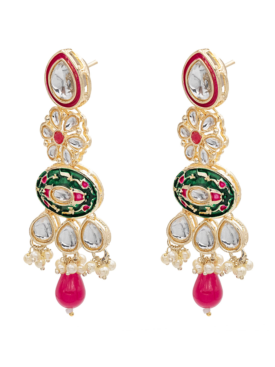 Handcrafted Gold Plated Floral Design Traditional Ethnic Kundan, Pearl Studded Dark Pink Meenakari Earrings for Women (SJE_46_D6_DP)