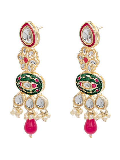 Handcrafted Gold Plated Floral Design Traditional Ethnic Kundan, Pearl Studded Dark Pink Meenakari Earrings for Women (SJE_46_D6_DP)