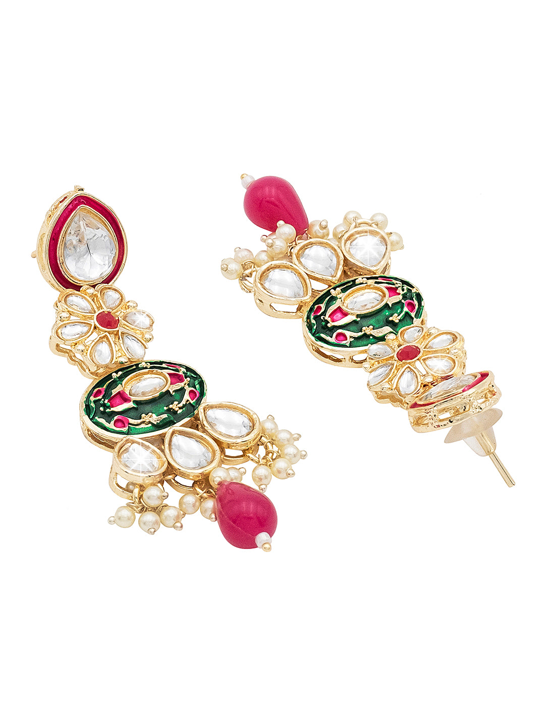 Handcrafted Gold Plated Floral Design Traditional Ethnic Kundan, Pearl Studded Dark Pink Meenakari Earrings for Women (SJE_46_D6_DP)