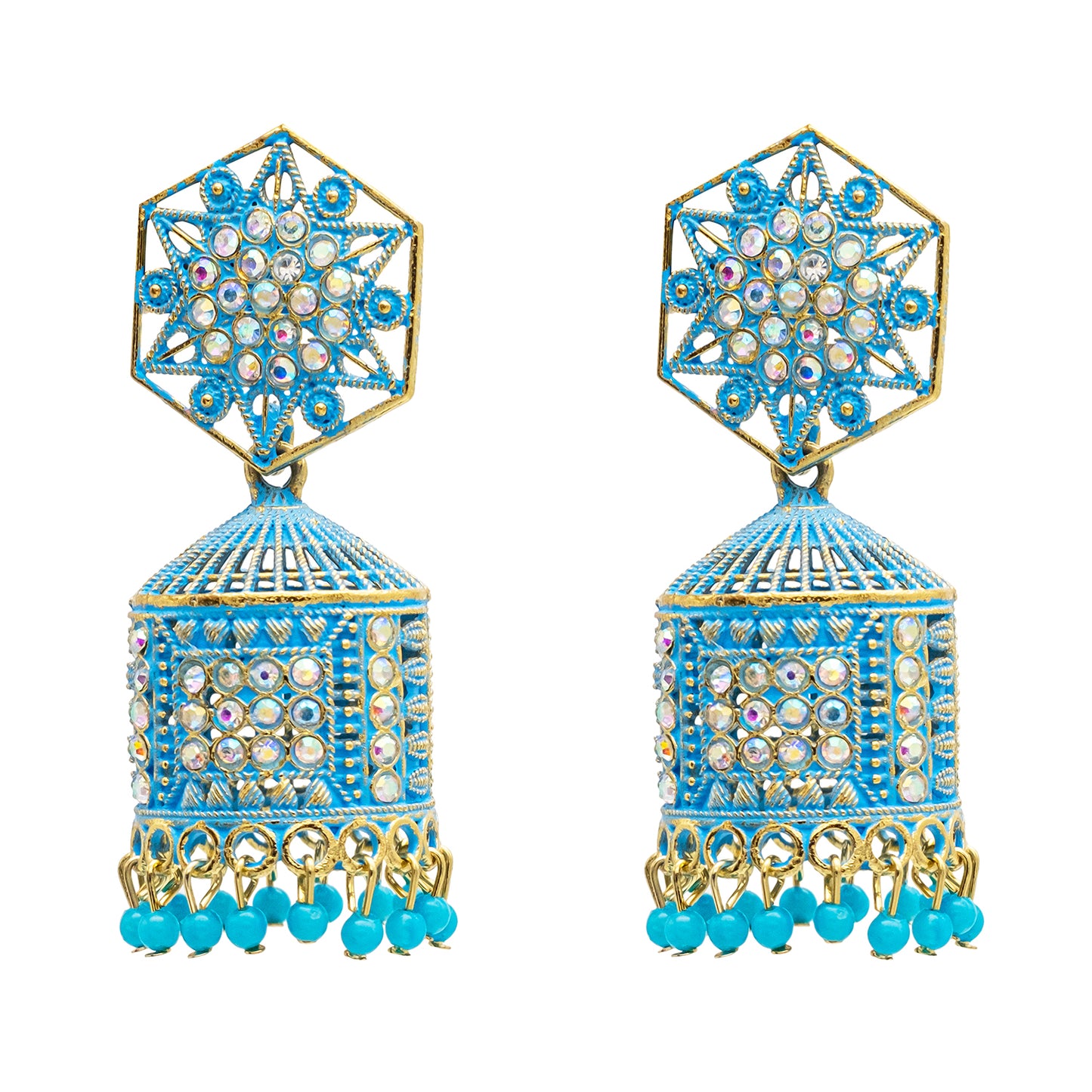 Shining Jewel Traditional Indian Gold Plated With Blue Colour CZ, Crystal Studded Jhumka Earring For Women - Blue (SJE_79_BL)