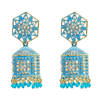 Shining Jewel Traditional Indian Gold Plated With Blue Colour CZ, Crystal Studded Jhumka Earring For Women - Blue (SJE_79_BL)