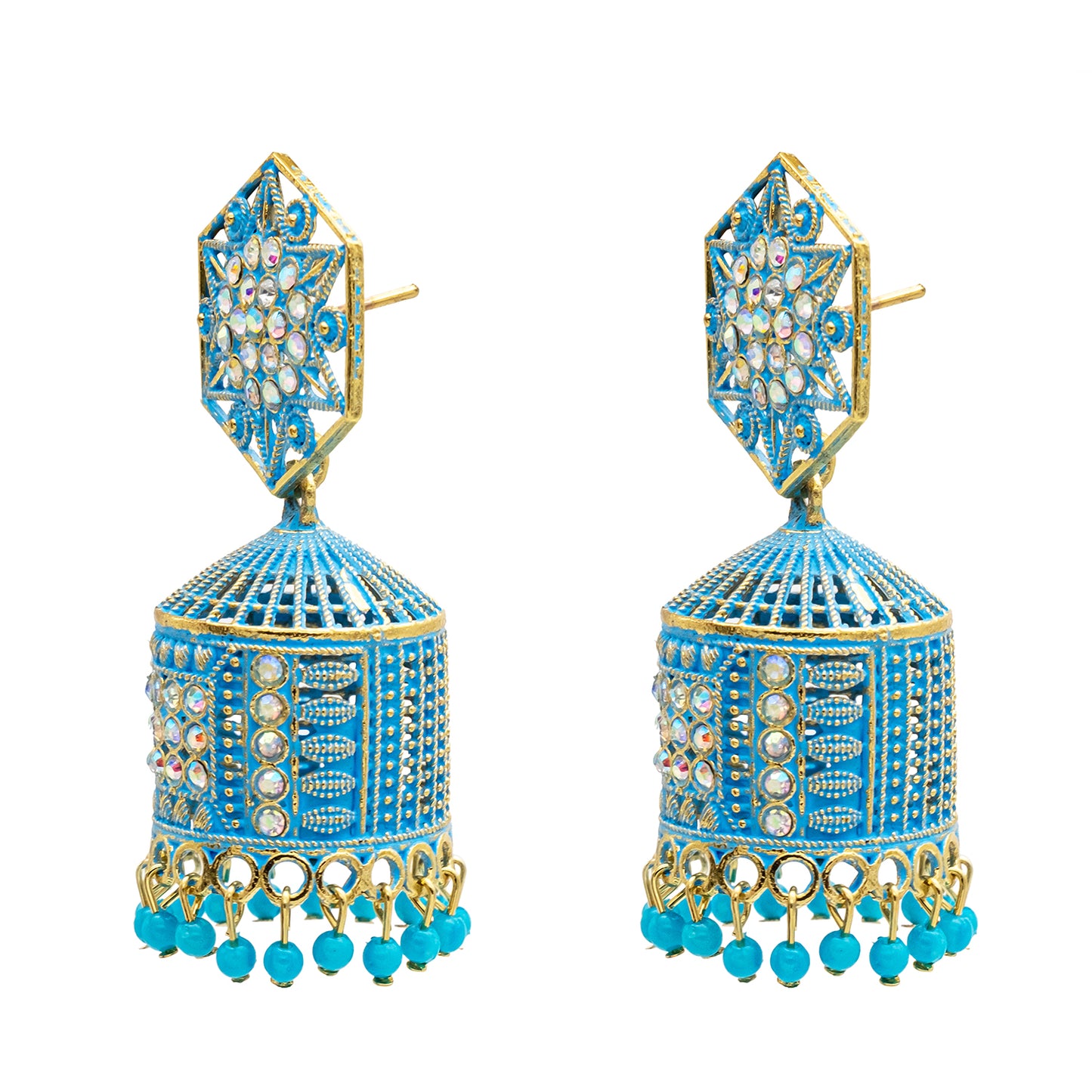 Shining Jewel Traditional Indian Gold Plated With Blue Colour CZ, Crystal Studded Jhumka Earring For Women - Blue (SJE_79_BL)