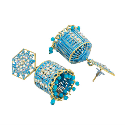 Shining Jewel Traditional Indian Gold Plated With Blue Colour CZ, Crystal Studded Jhumka Earring For Women - Blue (SJE_79_BL)