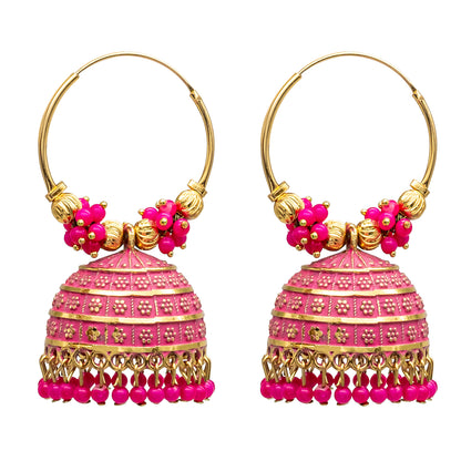 Shining Jewel Traditional Indian Gold Plated With Pink Colour CZ, Crystal Studded Jhumka Chand Bali Earring For Women -Pink (SJE_80_P)