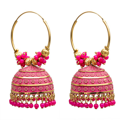 Shining Jewel Traditional Indian Gold Plated With Pink Colour CZ, Crystal Studded Jhumka Chand Bali Earring For Women -Pink (SJE_80_P)