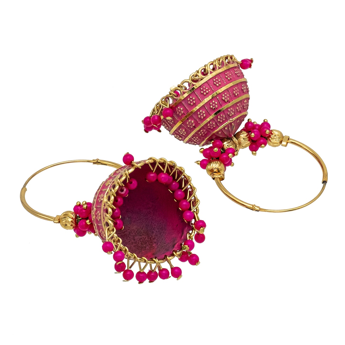 Shining Jewel Traditional Indian Gold Plated With Pink Colour CZ, Crystal Studded Jhumka Chand Bali Earring For Women -Pink (SJE_80_P)