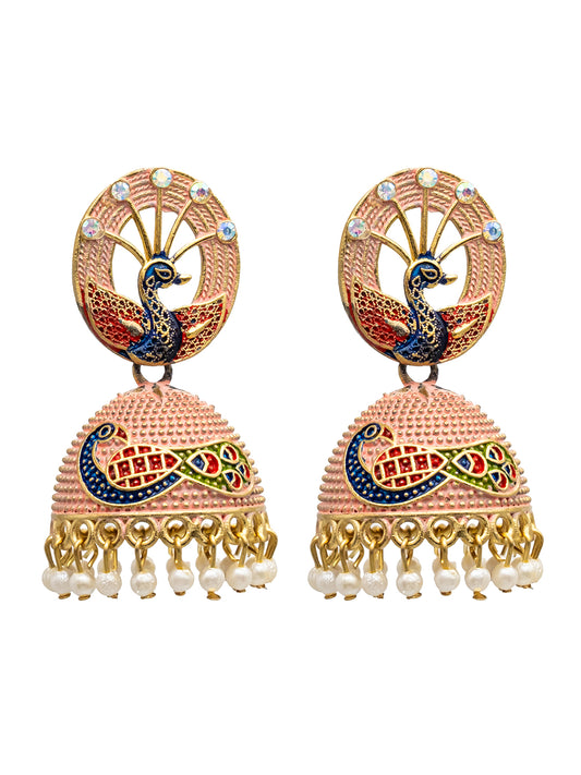 Traditional Indian Gold Plated Peach Colour CZ, Crystal Studded Jhumka Earring For Women -Peach (SJE_83_PH)