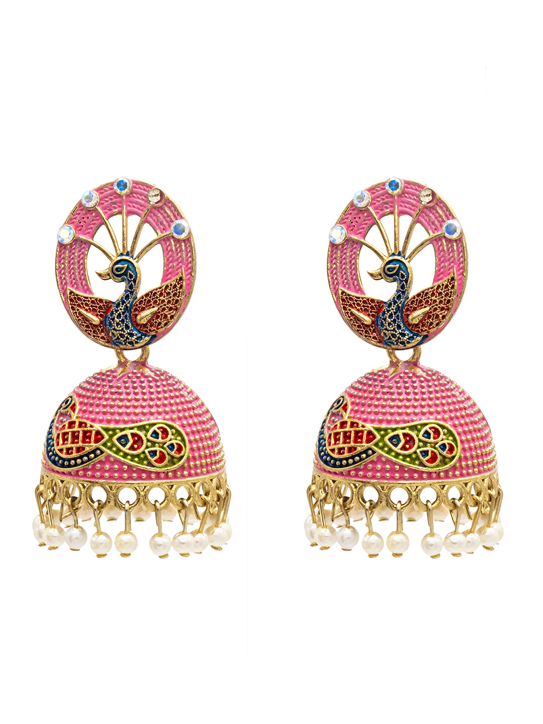 Traditional Indian Gold Plated Pink Colour CZ, Crystal Studded Jhumka Earring For Women -Pink (SJE_83_P)