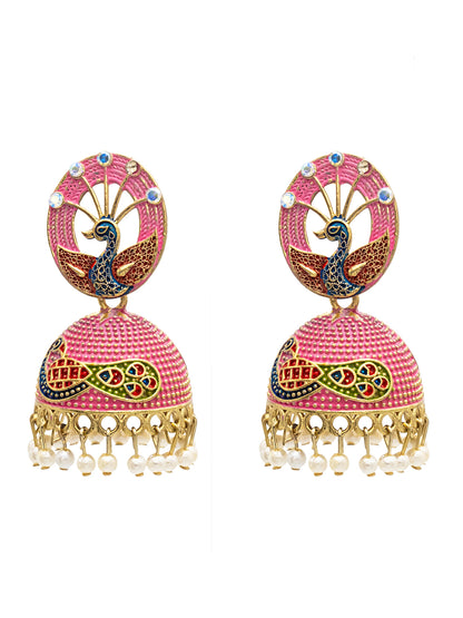 Traditional Indian Gold Plated Pink Colour CZ, Crystal Studded Jhumka Earring For Women -Pink (SJE_83_P)