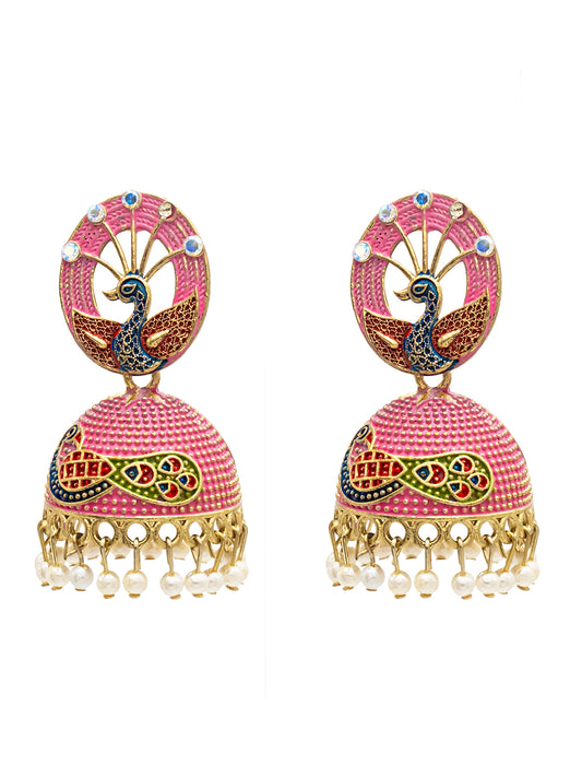 Traditional Indian Gold Plated Pink Colour CZ, Crystal Studded Jhumka Earring For Women -Pink (SJE_83_P)