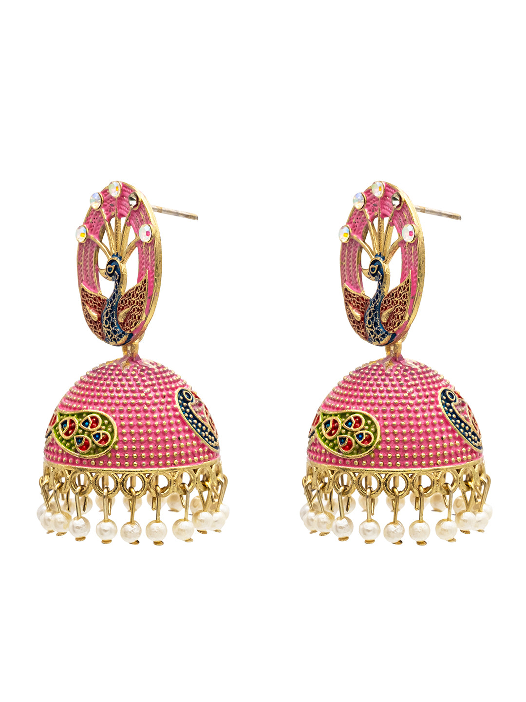 Traditional Indian Gold Plated Pink Colour CZ, Crystal Studded Jhumka Earring For Women -Pink (SJE_83_P)