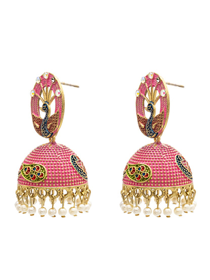 Traditional Indian Gold Plated Pink Colour CZ, Crystal Studded Jhumka Earring For Women -Pink (SJE_83_P)