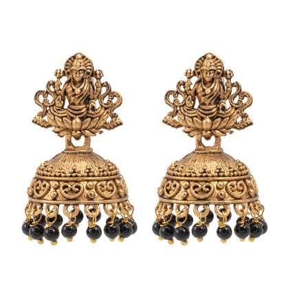 Shining Jewel Traditional Indian Matte Gold Oxidised CZ, Crystal Studded Temple Jhumka Earring For Women - Gold,Black (SJE_97_G_BK)