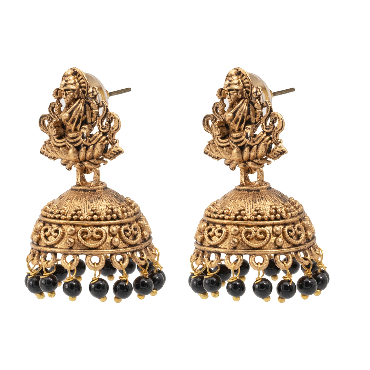 Shining Jewel Traditional Indian Matte Gold Oxidised CZ, Crystal Studded Temple Jhumka Earring For Women - Gold,Black (SJE_97_G_BK)