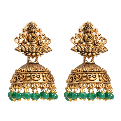 Shining Jewel Traditional Indian Matte Gold Oxidised CZ, Crystal Studded Temple Jhumka Earring For Women - Gold,Green (SJE_97_G_G)