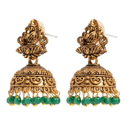 Shining Jewel Traditional Indian Matte Gold Oxidised CZ, Crystal Studded Temple Jhumka Earring For Women - Gold,Green (SJE_97_G_G)