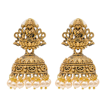 Shining Jewel Traditional Indian Matte Gold Oxidised CZ, Crystal Studded Temple Jhumka Earring For Women - Gold, White (SJE_97_G_W)