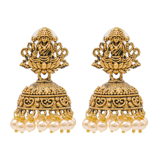 Shining Jewel Traditional Indian Matte Gold Oxidised CZ, Crystal Studded Temple Jhumka Earring For Women - Gold, White (SJE_97_G_W)