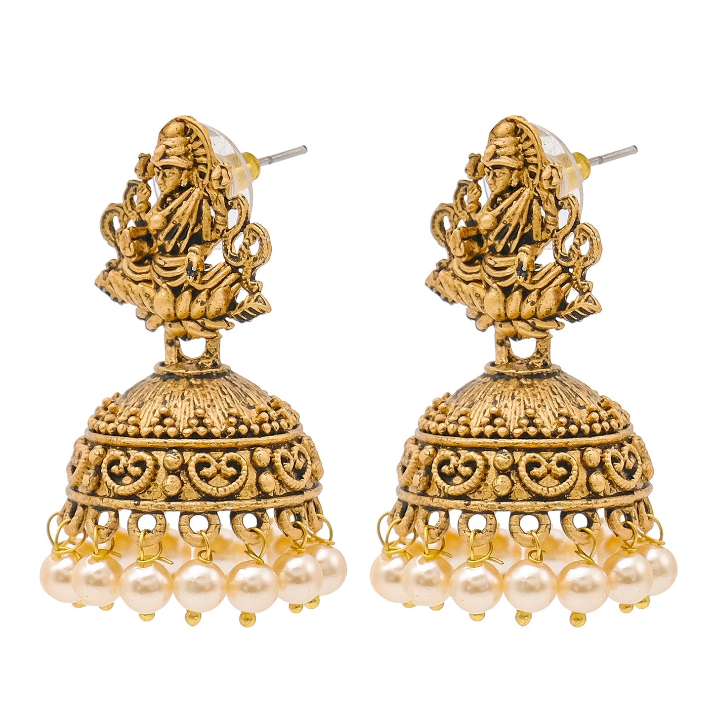 Shining Jewel Traditional Indian Matte Gold Oxidised CZ, Crystal Studded Temple Jhumka Earring For Women - Gold, White (SJE_97_G_W)