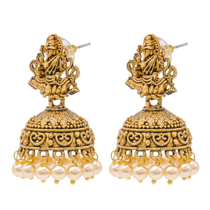 Shining Jewel Traditional Indian Matte Gold Oxidised CZ, Crystal Studded Temple Jhumka Earring For Women - Gold, White (SJE_97_G_W)