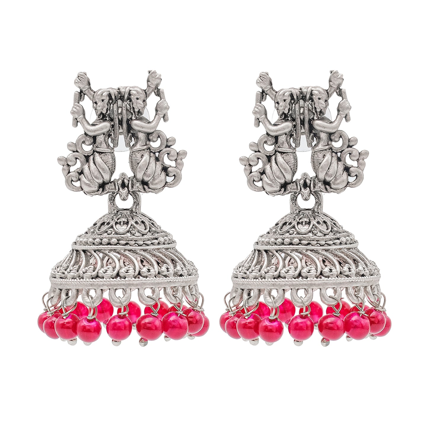 Traditional Indian Matte Silver Oxidised CZ Crystal Studded Temple Jhumka Earring For Women -  Silver Green (SJE_98_S_G)