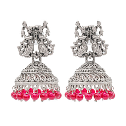 Traditional Indian Matte Silver Oxidised CZ Crystal Studded Temple Jhumka Earring For Women -  Silver Green (SJE_98_S_G)