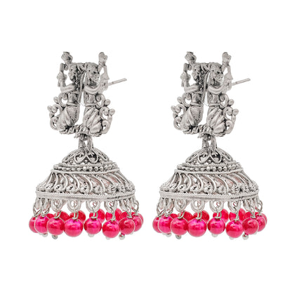 Traditional Indian Matte Silver Oxidised CZ Crystal Studded Temple Jhumka Earring For Women -  Silver Green (SJE_98_S_G)