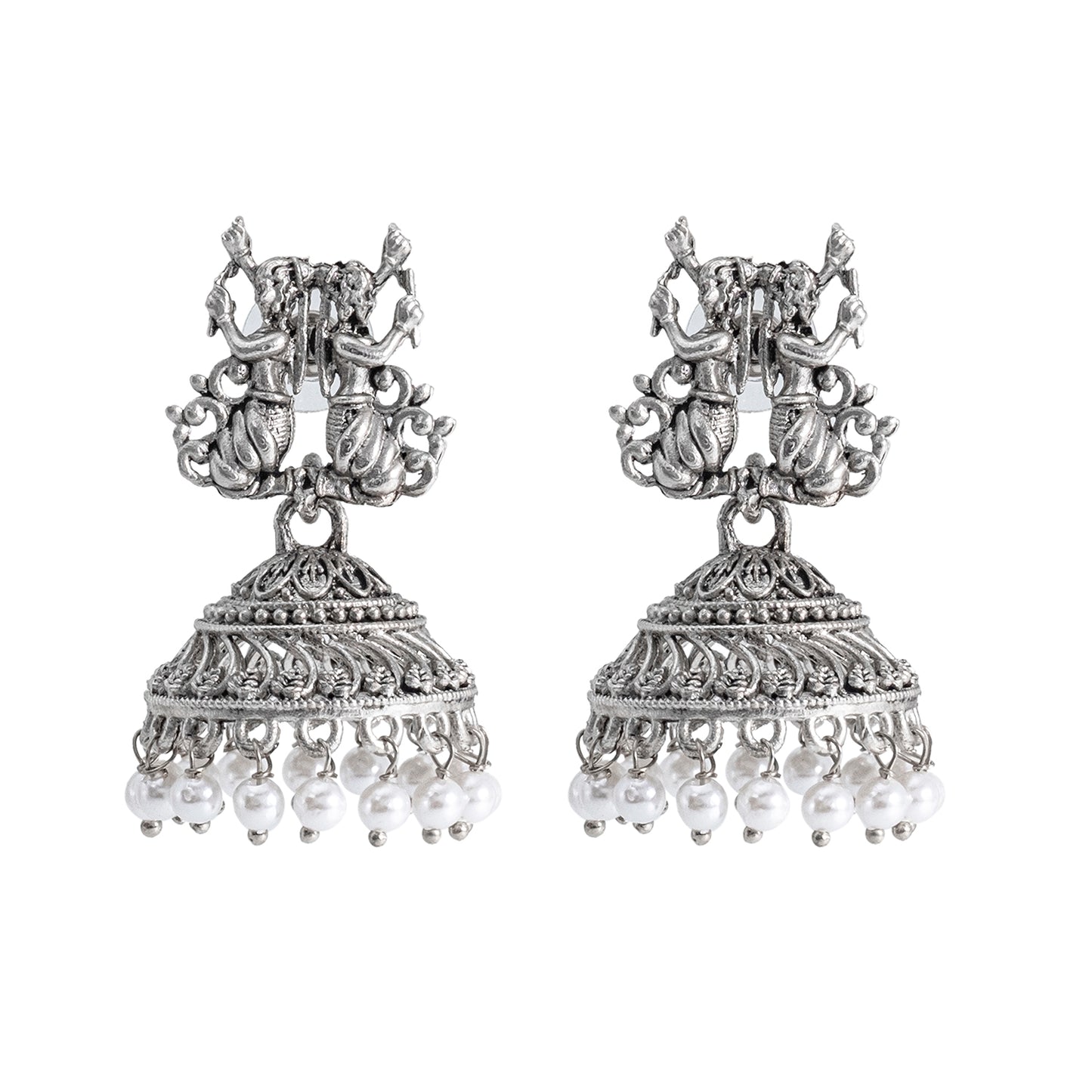 Traditional Indian Matte Silver Oxidised CZ Crystal Studded Temple Jhumka Earring For Women -  Silver Green (SJE_98_S_G)