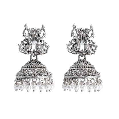 Traditional Indian Matte Silver Oxidised CZ Crystal Studded Temple Jhumka Earring For Women -  Silver Green (SJE_98_S_G)