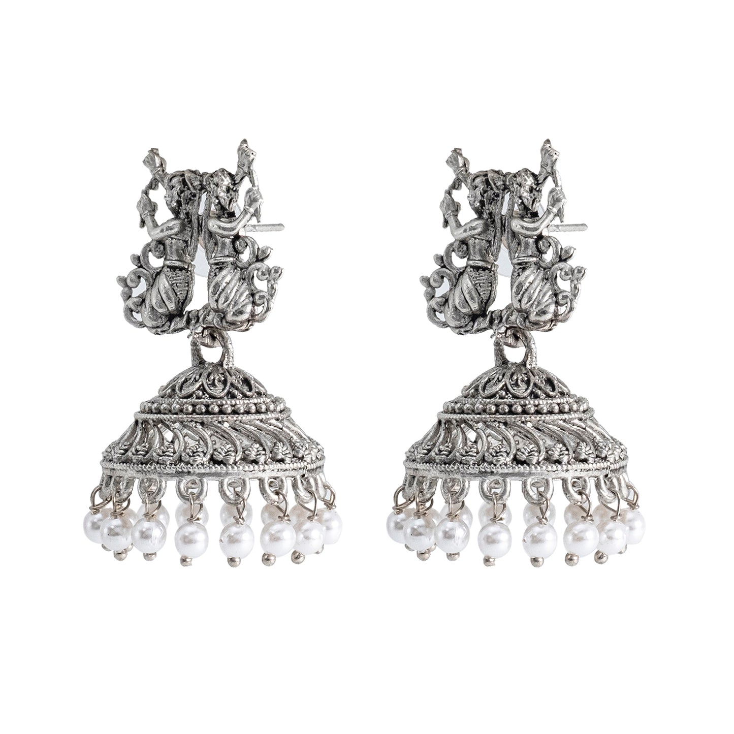 Traditional Indian Matte Silver Oxidised CZ Crystal Studded Temple Jhumka Earring For Women -  Silver Green (SJE_98_S_G)