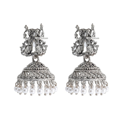 Traditional Indian Matte Silver Oxidised CZ Crystal Studded Temple Jhumka Earring For Women -  Silver Green (SJE_98_S_G)