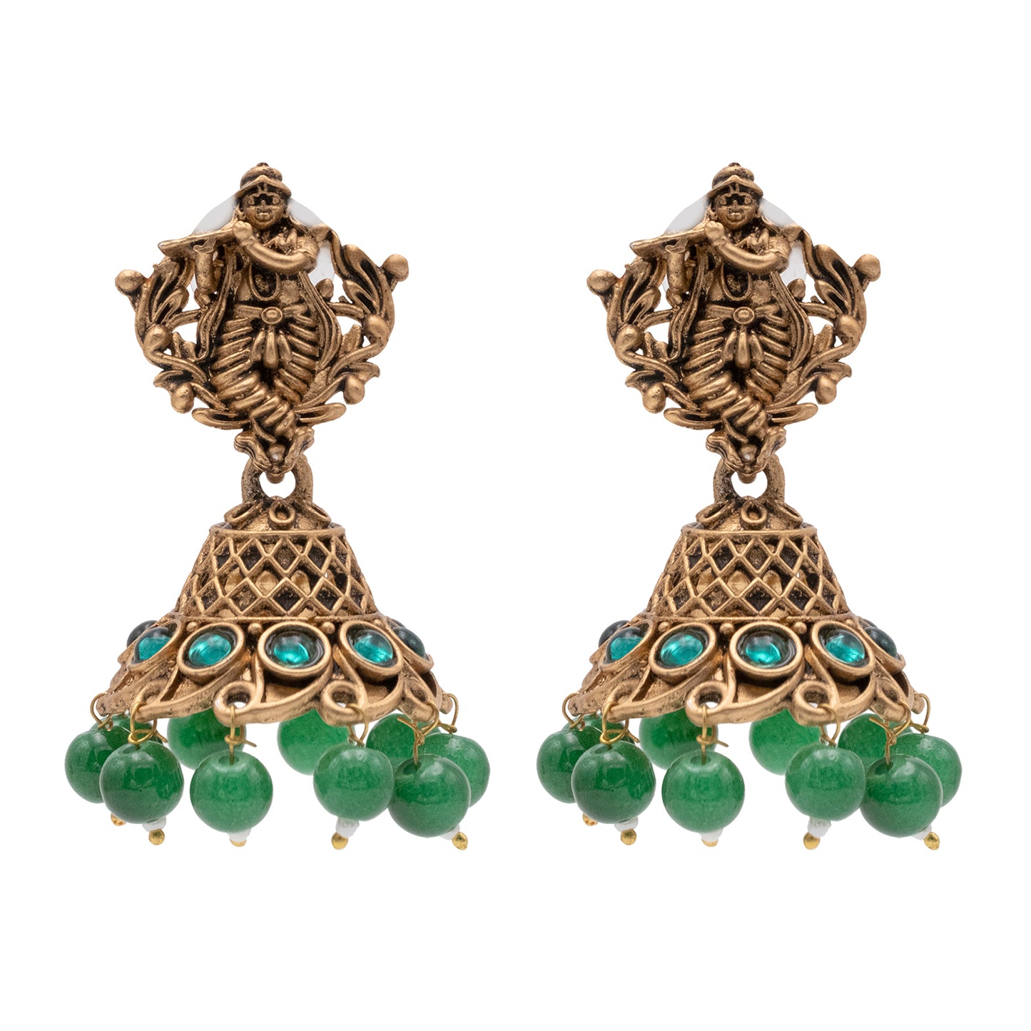 Traditional Indian Matte Gold Oxidised CZ Crystal Studded Temple Jhumka Earring For Women - Gold Ruby Green (SJE_99_G_R_G)