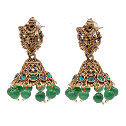 Traditional Indian Matte Gold Oxidised CZ Crystal Studded Temple Jhumka Earring For Women - Gold Ruby Green (SJE_99_G_R_G)