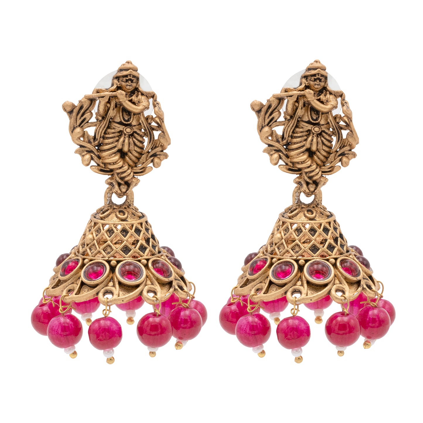 Traditional Indian Matte Gold Oxidised CZ Crystal Studded Temple Jhumka Earring For Women - Gold Ruby Green (SJE_99_G_R_G)