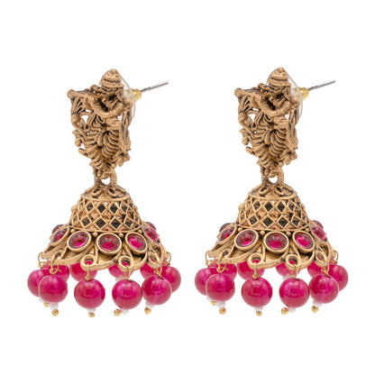 Traditional Indian Matte Gold Oxidised CZ Crystal Studded Temple Jhumka Earring For Women - Gold Ruby Green (SJE_99_G_R_G)