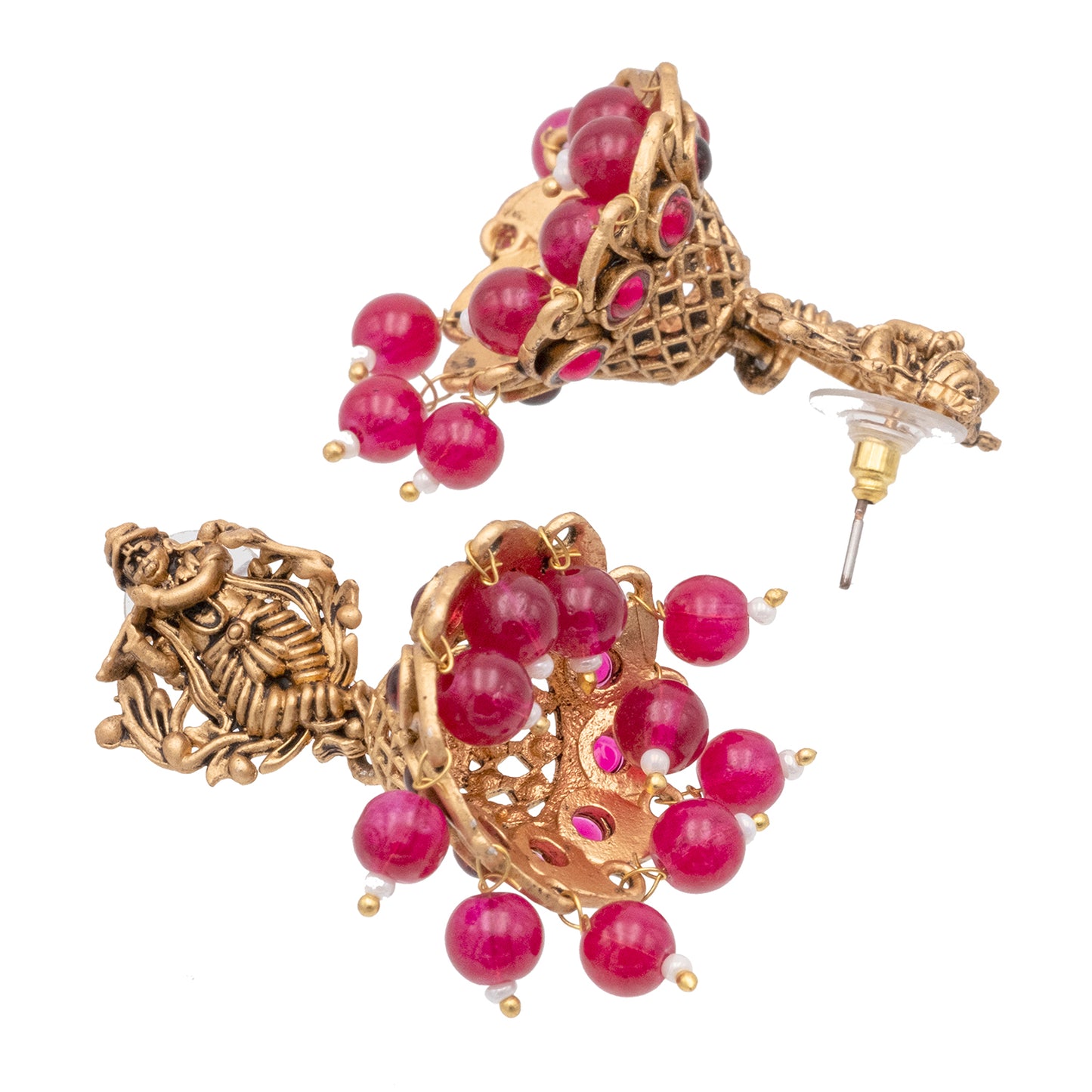 Traditional Indian Matte Gold Oxidised CZ Crystal Studded Temple Jhumka Earring For Women - Gold Ruby Green (SJE_99_G_R_G)