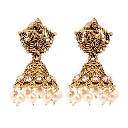 Traditional Indian Matte Gold Oxidised CZ Crystal Studded Temple Jhumka Earring For Women - Gold Ruby Green (SJE_99_G_R_G)