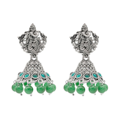 Shining Jewel Traditional Indian Matte Silver Oxidised CZ, Crystal Studded Temple Jhumka Earring For Women - Silver Green (SJE_99_S_G)