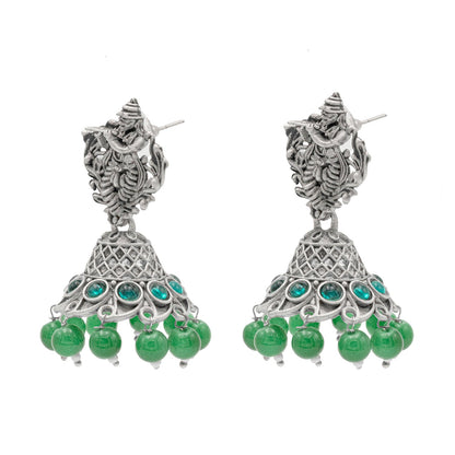 Shining Jewel Traditional Indian Matte Silver Oxidised CZ, Crystal Studded Temple Jhumka Earring For Women - Silver Green (SJE_99_S_G)