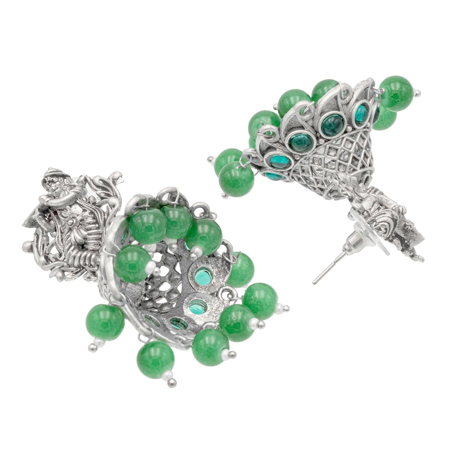 Shining Jewel Traditional Indian Matte Silver Oxidised CZ, Crystal Studded Temple Jhumka Earring For Women - Silver Green (SJE_99_S_G)