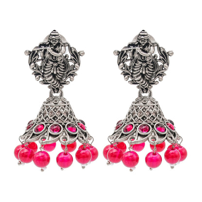 Shining Jewel Traditional Indian Matte Silver Oxidised CZ, Crystal Studded Temple Jhumka Earring For Women - Silver Maroon (SJE_99_S_M)