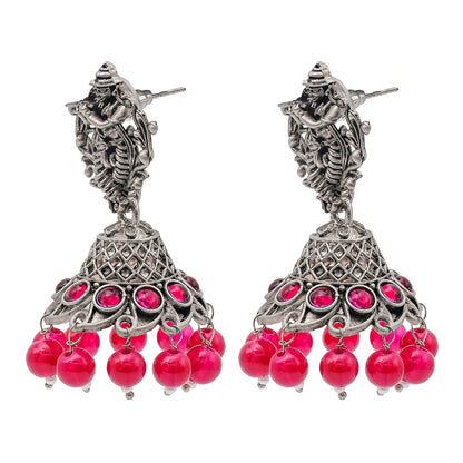 Shining Jewel Traditional Indian Matte Silver Oxidised CZ, Crystal Studded Temple Jhumka Earring For Women - Silver Maroon (SJE_99_S_M)