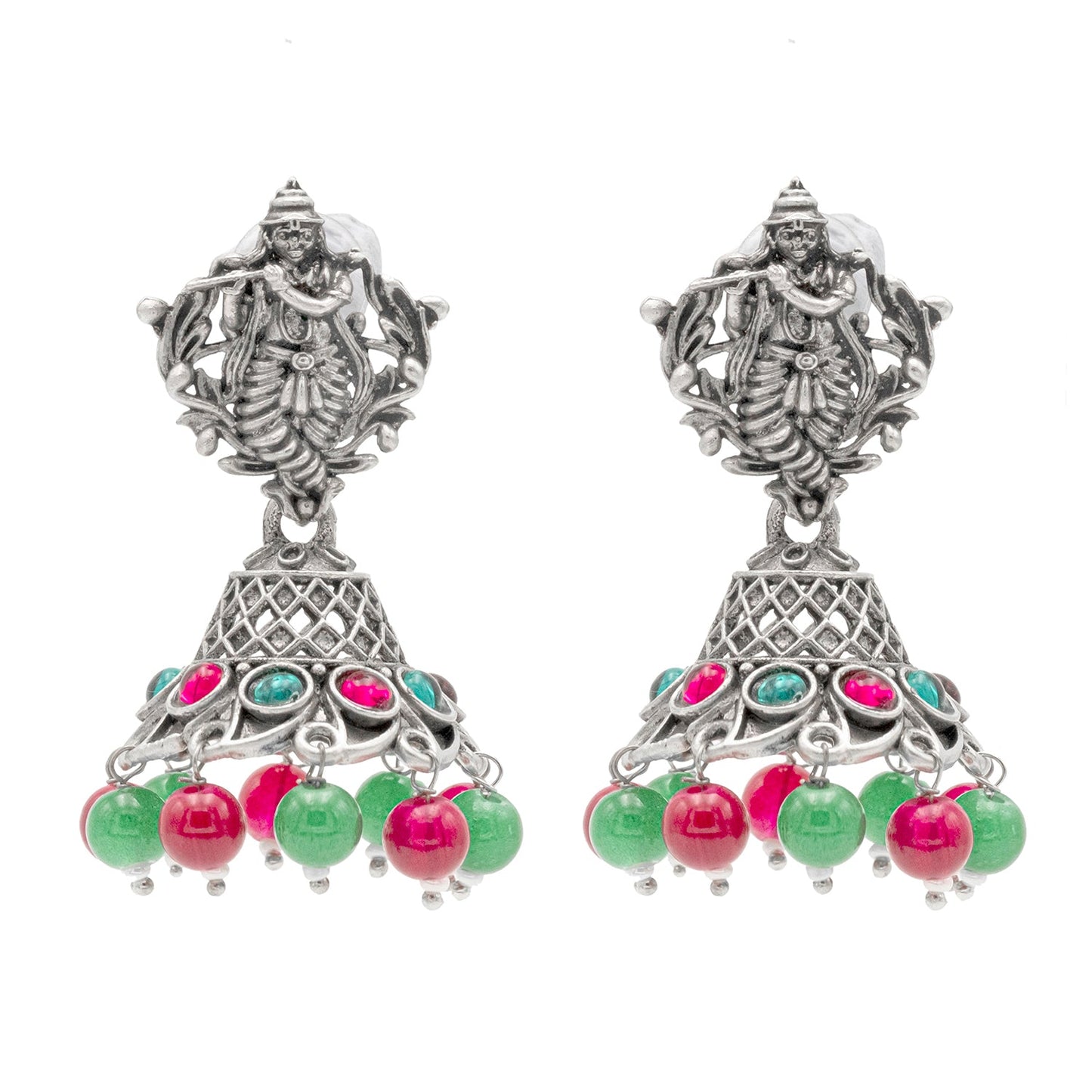 Shining Jewel Traditional Indian Matte Silver Oxidised CZ, Crystal Studded Temple Jhumka Earring For Women - Silver Ruby Green (SJE_99_S_R_G)