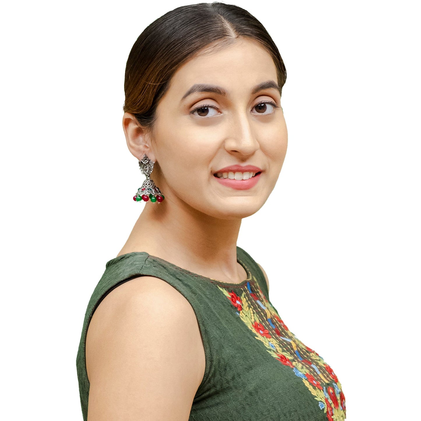 Shining Jewel Traditional Indian Matte Silver Oxidised CZ, Crystal Studded Temple Jhumka Earring For Women - Silver Ruby Green (SJE_99_S_R_G)