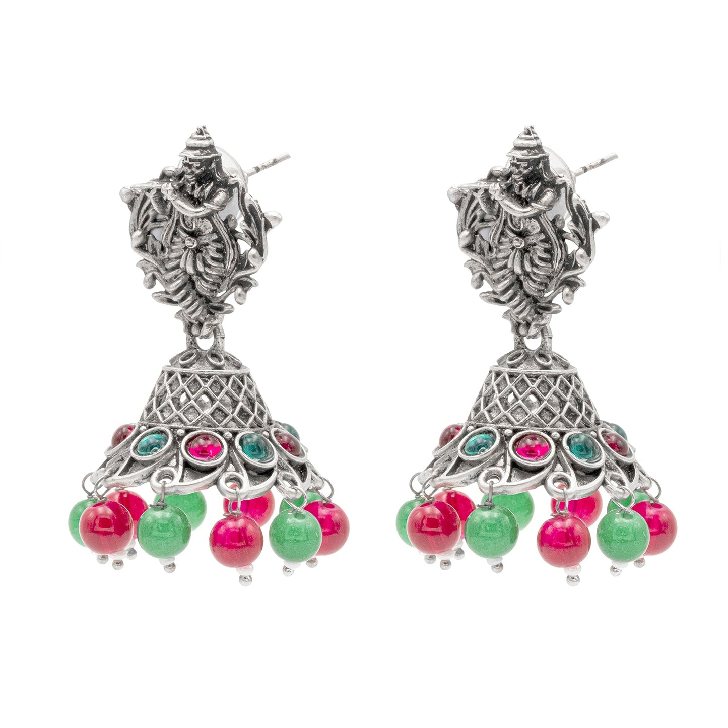 Shining Jewel Traditional Indian Matte Silver Oxidised CZ, Crystal Studded Temple Jhumka Earring For Women - Silver Ruby Green (SJE_99_S_R_G)