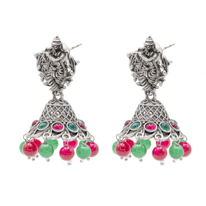 Shining Jewel Traditional Indian Matte Silver Oxidised CZ, Crystal Studded Temple Jhumka Earring For Women - Silver Ruby Green (SJE_99_S_R_G)