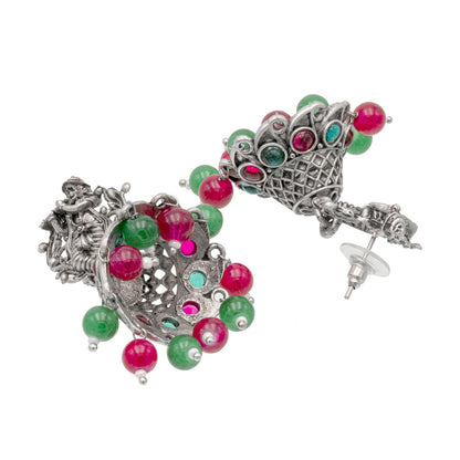 Shining Jewel Traditional Indian Matte Silver Oxidised CZ, Crystal Studded Temple Jhumka Earring For Women - Silver Ruby Green (SJE_99_S_R_G)