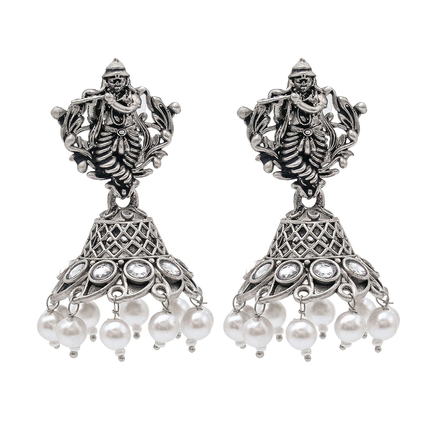 Shining Jewel Traditional Indian Matte Silver Oxidised CZ, Crystal Studded Temple Jhumka Earring For Women - Silver White (SJE_99_S_W)