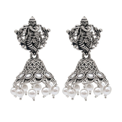 Shining Jewel Traditional Indian Matte Silver Oxidised CZ, Crystal Studded Temple Jhumka Earring For Women - Silver White (SJE_99_S_W)