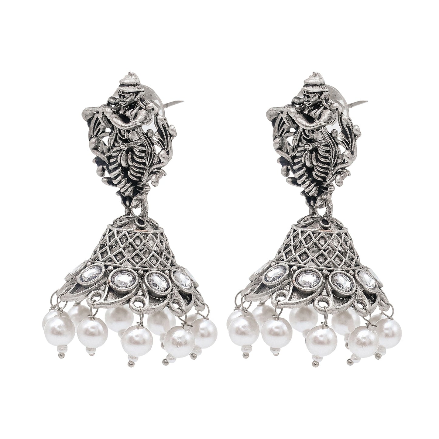 Shining Jewel Traditional Indian Matte Silver Oxidised CZ, Crystal Studded Temple Jhumka Earring For Women - Silver White (SJE_99_S_W)